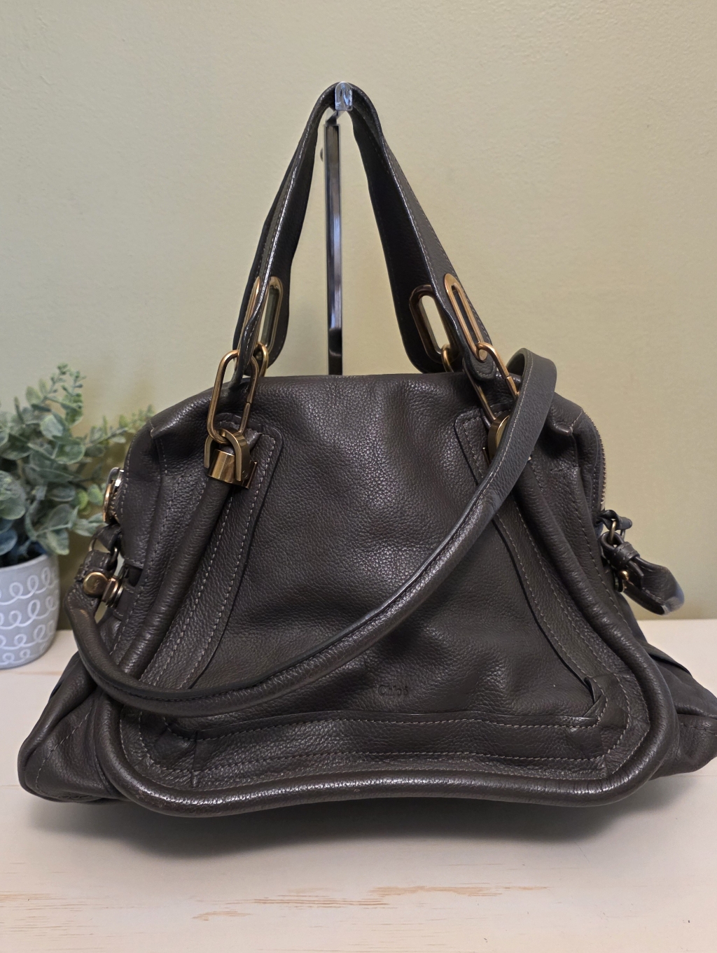 Chloe | Medium Dark Grey Leather Paraty 2-Way Satchel Bag